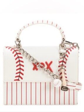 Betsey Johnson White and Red Baseball Satchel with Chain Strap